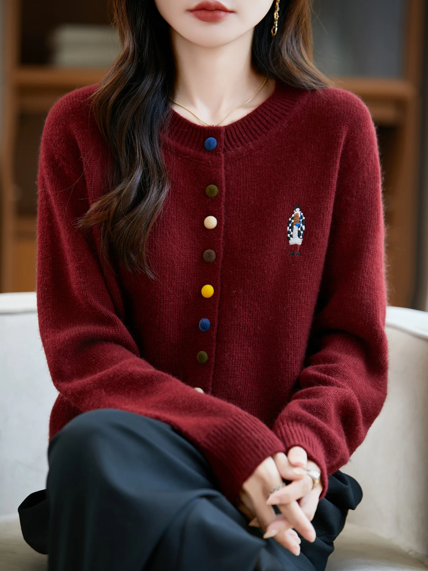 

Thiened Knitted Cardigan Women's Outerwear Sweater Trendy Embroidered Color Bule Warm Base Layer French Sle Long Sve