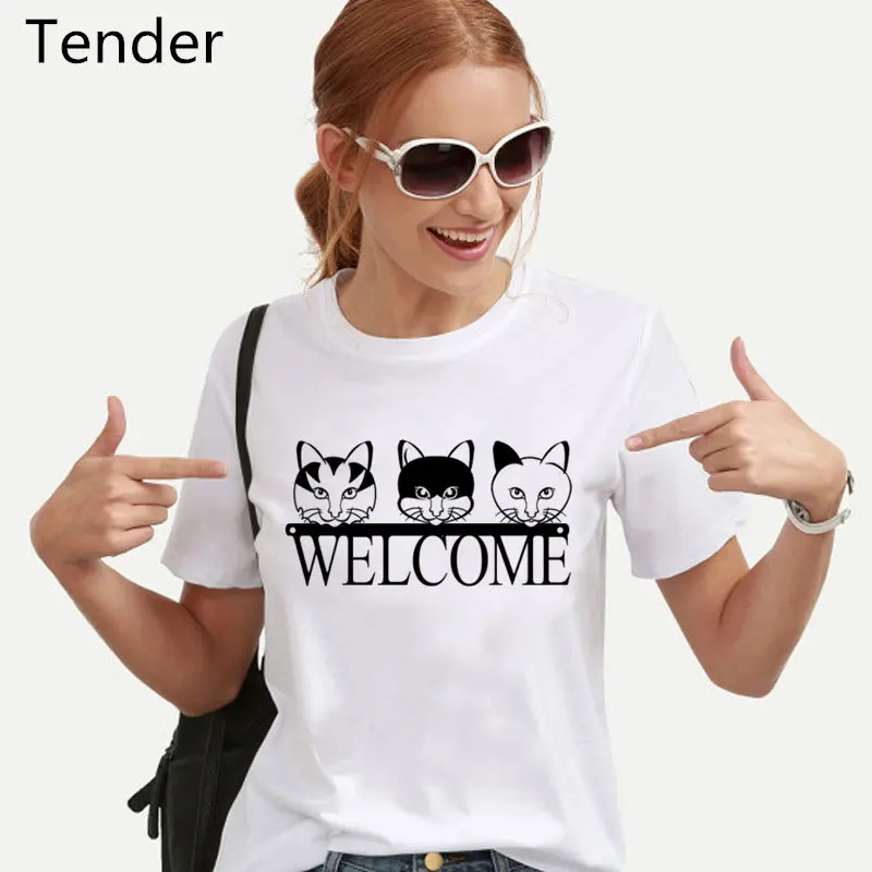 Kawaii Welcome Cat Printed Women's T-shirt Streetwear White Funny Short Sleeved Women's Pattern T-shirt Cute Grunge T-shirt