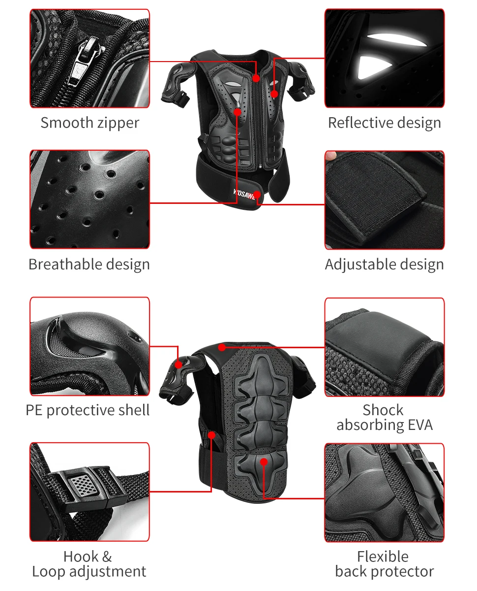 WOSAWE Kids Sports Elbow Knee Pads Boy Girl Youth Body Protect Vest Armor Child Motocross Chest Spine Protection Gear Knee Guard