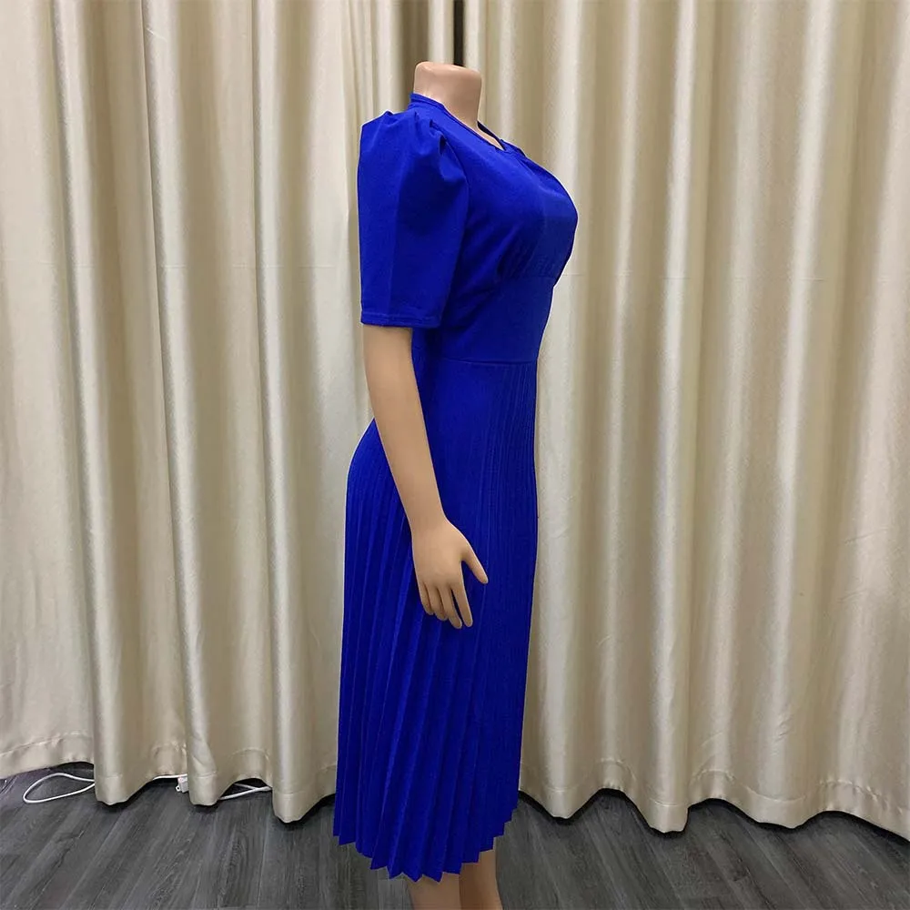 Elegant Office Dresses Pleated Woman 2024 New O Neck Short Sleeve Mid Calf Formal Business Work Wear Dress Midi Vestidos Mujer