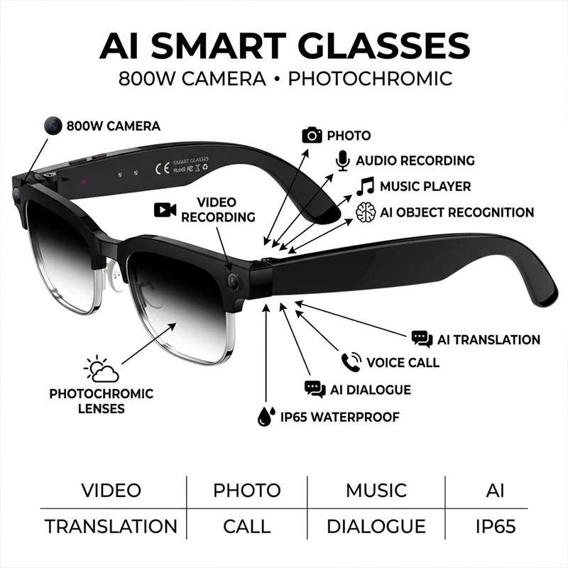 

AI Smart Glasses With Camera Sunglasses 2026 Bluetooth Call Video Recording Eyewear Photochromic Blue Light Protection Shades