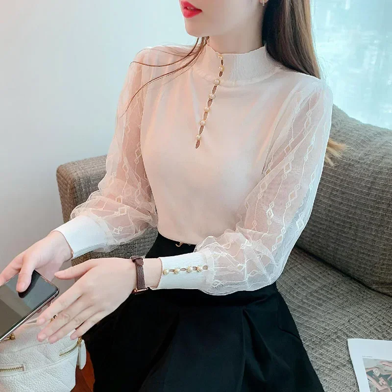 Elegant Spliced Hollow Out Gauze Beading Blouse Women's Clothing 2023 Autumn Winter New Casual Pullovers Office Lady Shirt