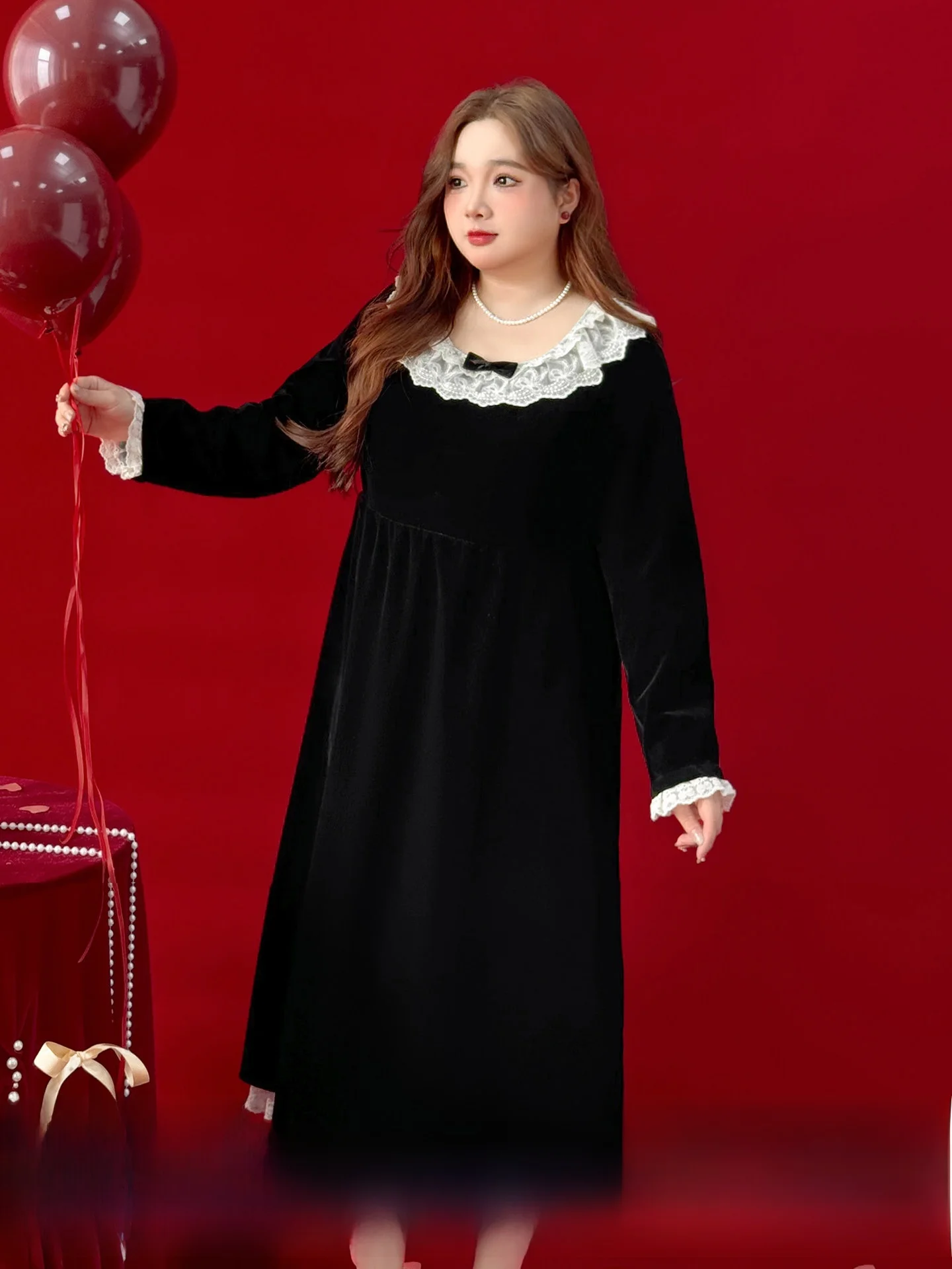 

Платье-макси из бархата больших размеров с кружевными вставками, завышенной талией, длинными рукавами, А-силуэта, для весеннего новогоднего ужина