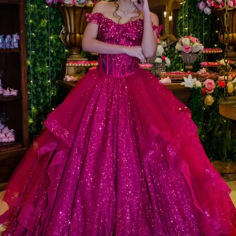 Personnalisé brillant rose rose Quinceanera robes hors de l'épaule paillettes dentelle superposition longue queue robe 15 Quinceanera