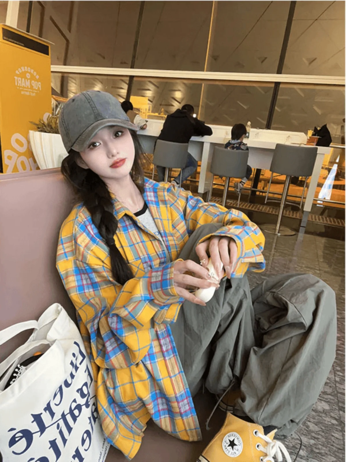 

Vintage American Retro Yellow Plaid Long Sve Men's irt Spring Autumn Casual High Quali Couple Outerwear Polyester Fiber