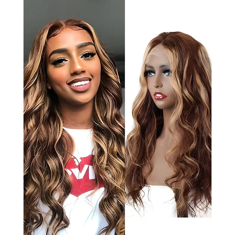 Hair Wigs Brown Highlight Blonde Long Body Wave Lace Front Wig Pre Plucked