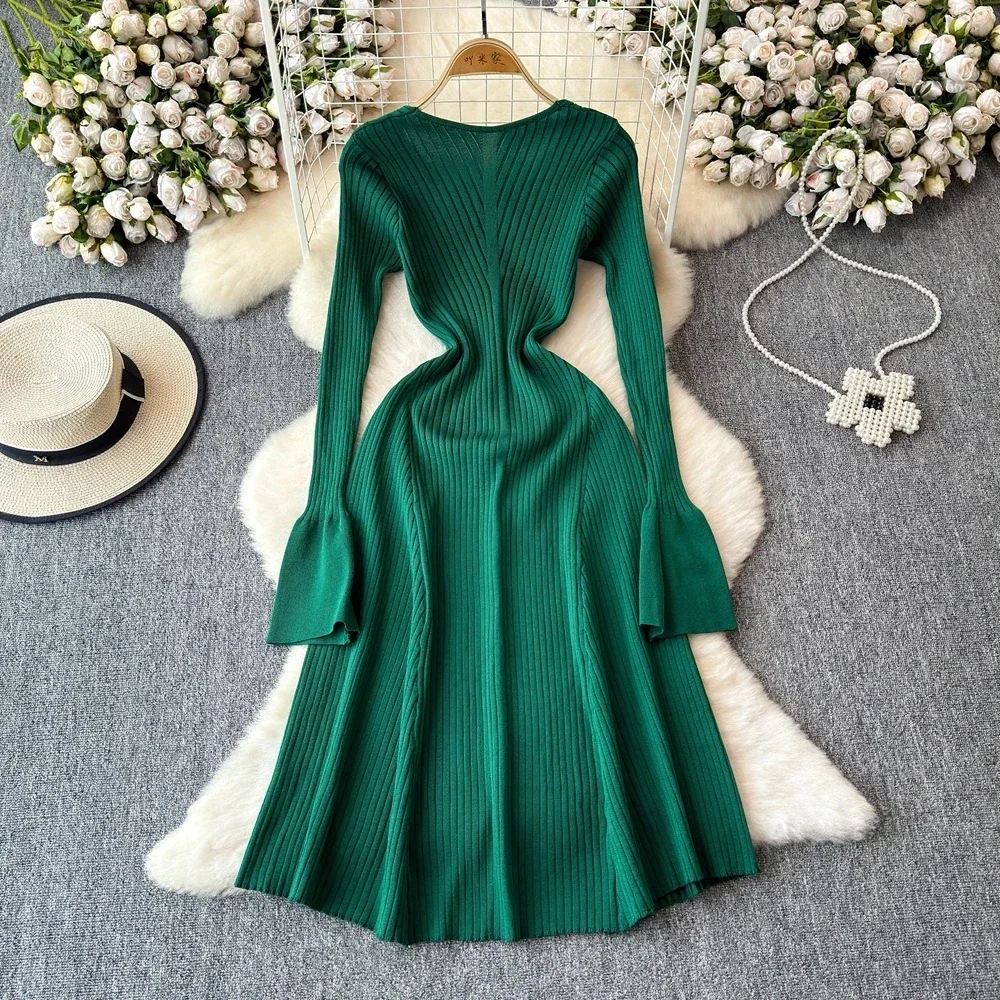 Elegant Knitted Long Dress Women Flare Sleelve V Neck Ruffles Solid Bodycon Dresses Party Fashion Office Lady Vestidos