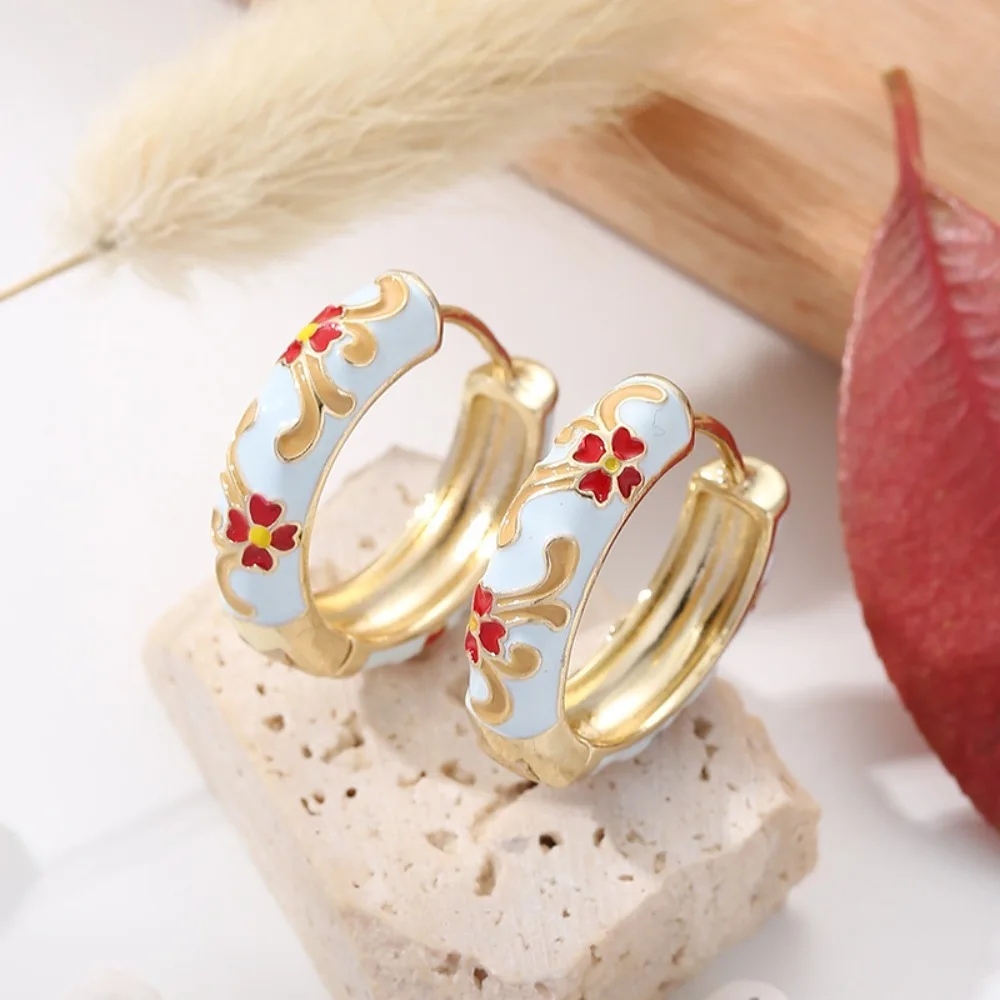 Hawaiian Traditional Flower Enamel Ear Jewelry Classic Vintage Chinese Style Earrings Ethnic Chinese Jewelry