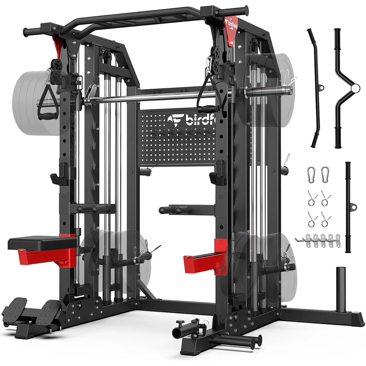 Pooboo Power Cage Multi-Function 2000LB Dual Pulley Cable Crossover | Home Gym Squat Rack Featuring LAT Pulldown, Power Rack & Strength Training Attachments, Pegboard