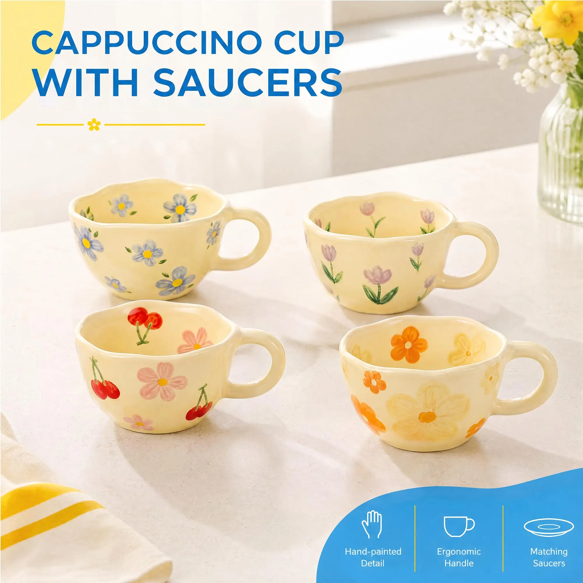 4 Pack Cute Hand Painted Floral Unique Coffee Mugs 5.3 X 2.4 Inch Wavy Rim Ceramic Cappuccino Cups In Blue Orange Pink Purple Flower Patterns Lovely Breakfast Tea Mugs For Home Cafe Gift