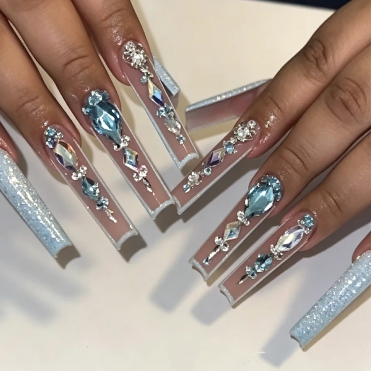 24PcsExtra Long Press on Nails Rhinestone French Tip Colorful Diamond Finished Nail Tips Stick-on False Nail Wearable Manicure