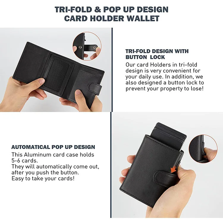 Men's Genuine Leather Trendy Wallet RFID Blocking with Aluminum Case Design Anti-Theft Magnetic Proof Zipper Coin Pocket Wallet