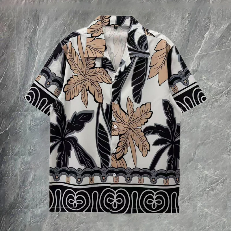

High Quality Foliage Print Shirt Men Party Gold Printing Shirt Flower Shirt Men Camisa Hombre Street Short Sleeve Shirt For Men