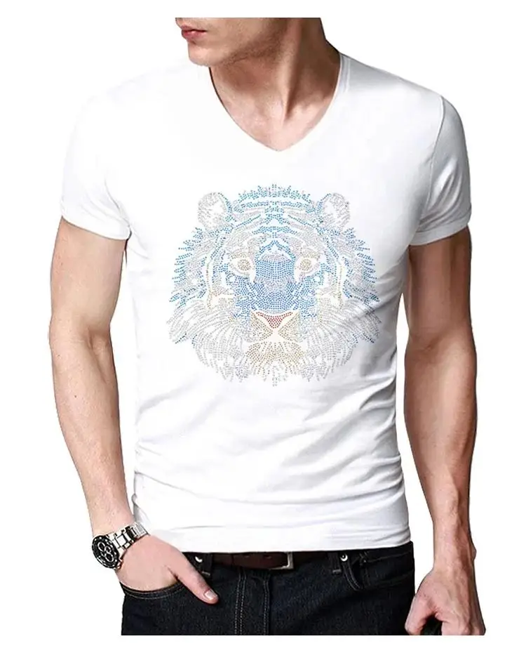 2023 Summer Men Black T-shirt Hip Hop Man animal tiger head diamond T Shirts Fashion rhinestone Man T-shirt