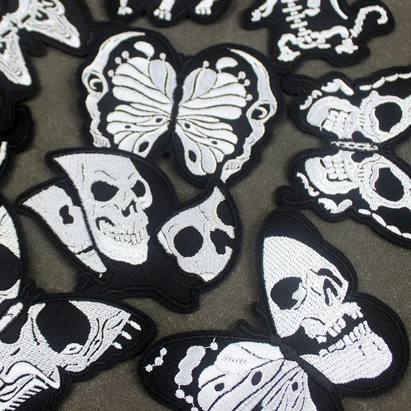 Black White Cloth Patches Ironing for Jackets Jeans Skeleton Dinosaur Butterfly Skull Badges Embroidery Appliques 9 Pcs/Lot