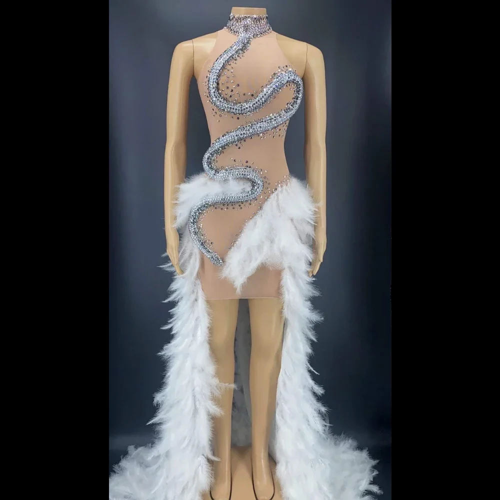 Black White Shining Snack Shaped  Rhinestones Fashion Sleeves Feathers Women Sexy Long Dress Stage Perform Costume Evening Wear