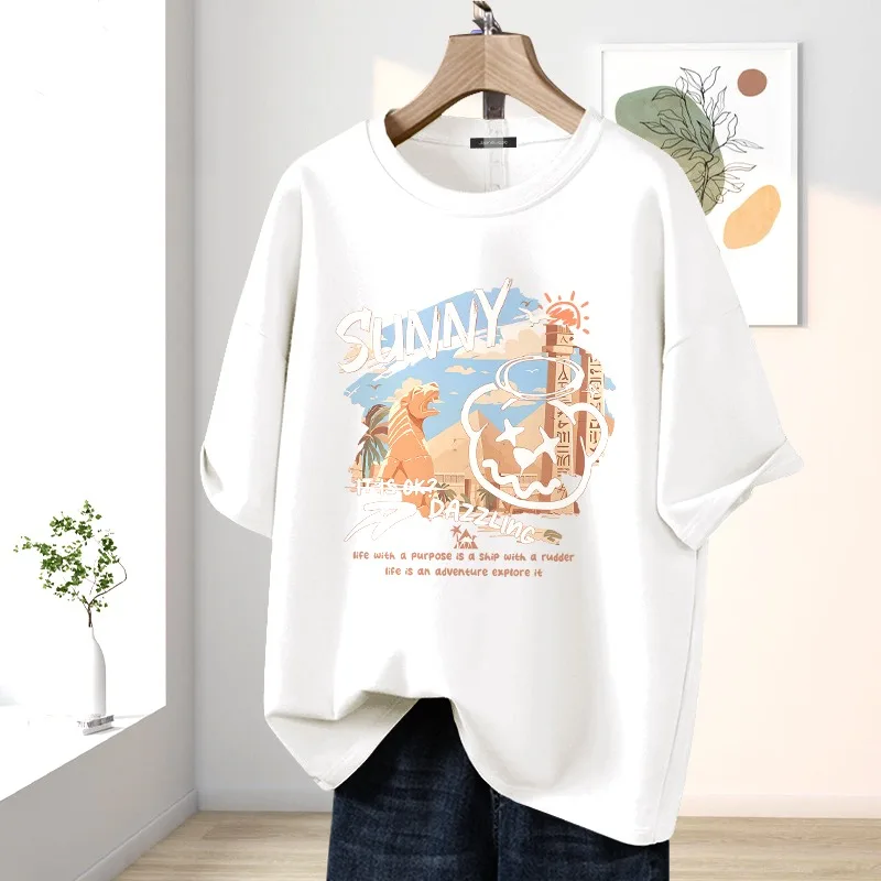 Summer Y2k Cartoon Printed O-neck Short Sleeve Top Tee, Women Clothing Vintage 100% Cotton T-shirt, Casual Loose Basic Pullovers