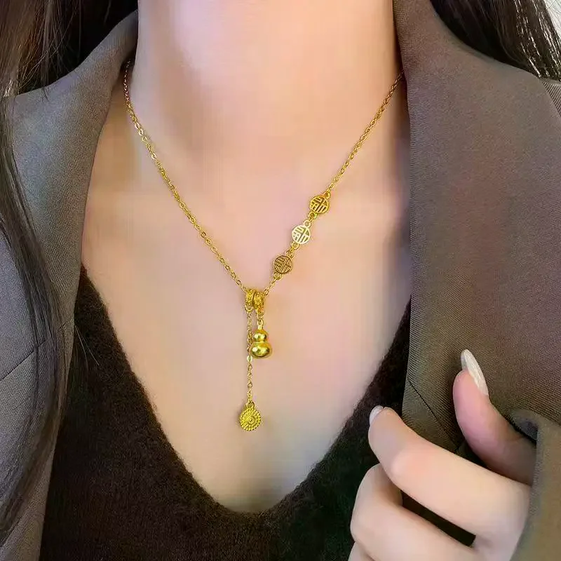 1Pcs Gold Pendant Light Luxury Design Tassel Lucky Charm One-Piece Clavicle Necklace Small Gourd Shaped For Women Geometri