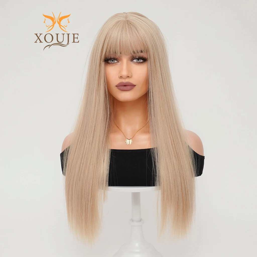 Blonde long straight hair wig synthetic heat-resistant wig natural bangs wig 24 inches for women daily wear holiday party