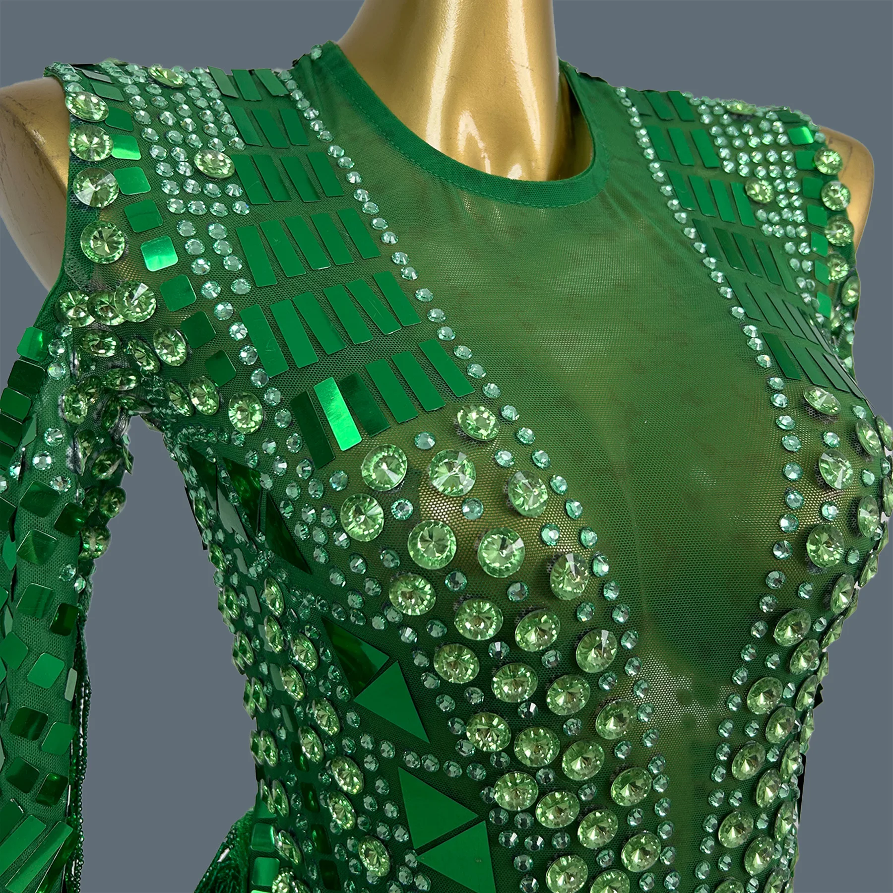 Sexy Women Full Rhinestone Sequins Tassel See Through Mesh Mini Dress Streamer Theme Party Photo Shoot Wear gig  Outfit Youzi
