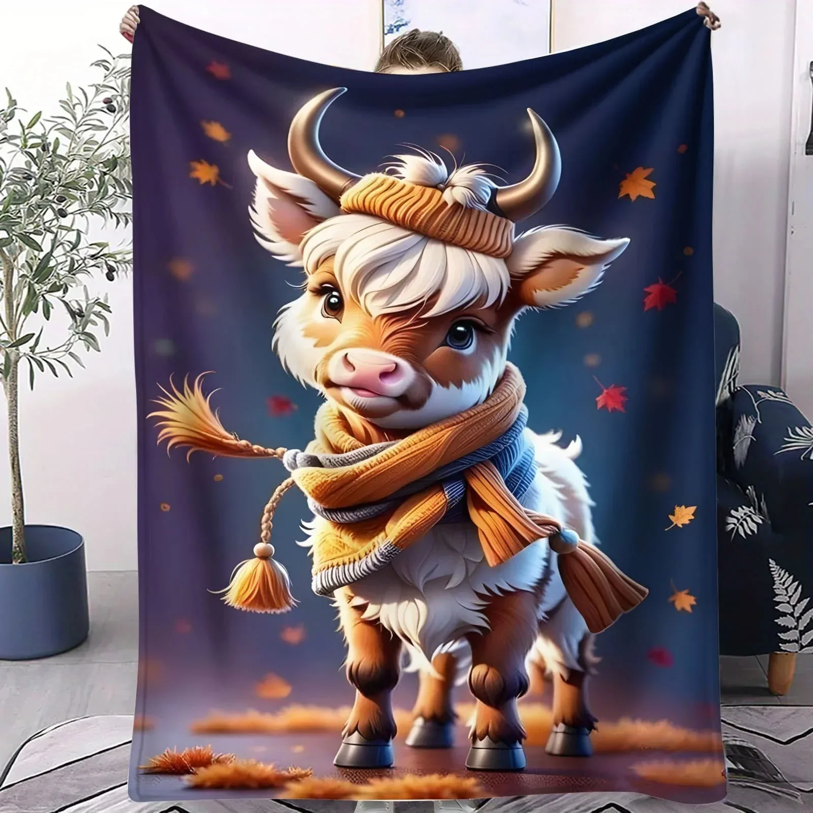 

Highland Cow Flannel Blanket Sunflower Bedroom Throw Sofa Leisure Kids Camping Balcony Napping Blanket Kids Family Friend Animal