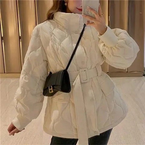 Autumn Winter New All-match Coats Stand Neck Plaid Design Sense Parkas Single-breasted Solid Lace Up Slim Waist Puffer Jacket