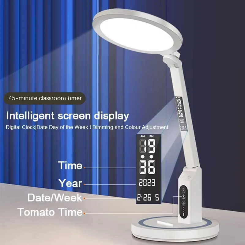 USB Rechargeable LED Desk Lamp With Clock Dimmable Foldable Eye-care Reading Light For Office Study Tiktok Photography Light