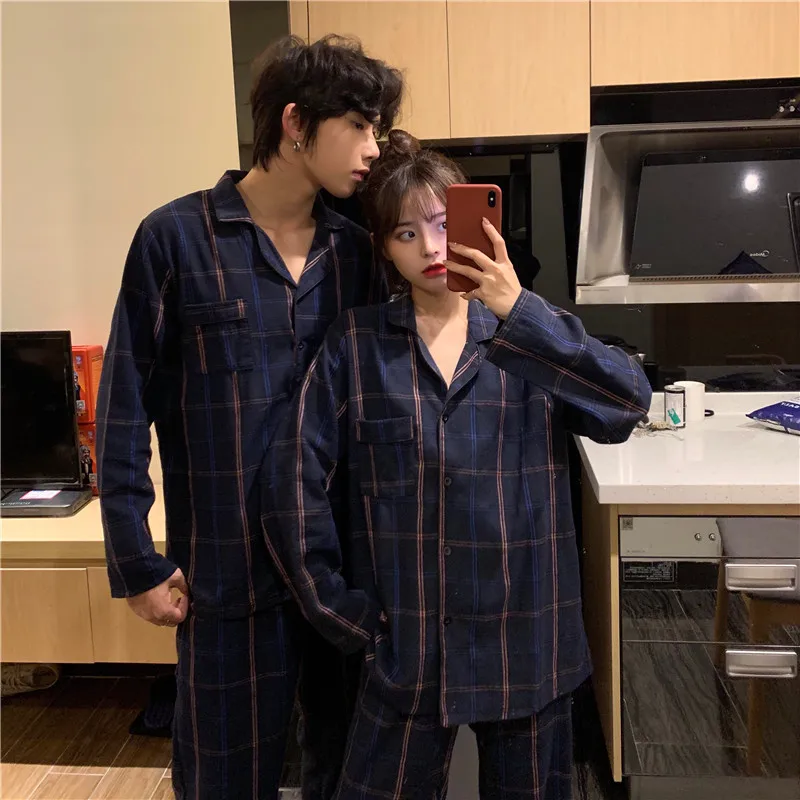 

couple lovers autumn pajamas set women plaid cotton single breasted shirts + trouser casual vintage harajuku home suit korean