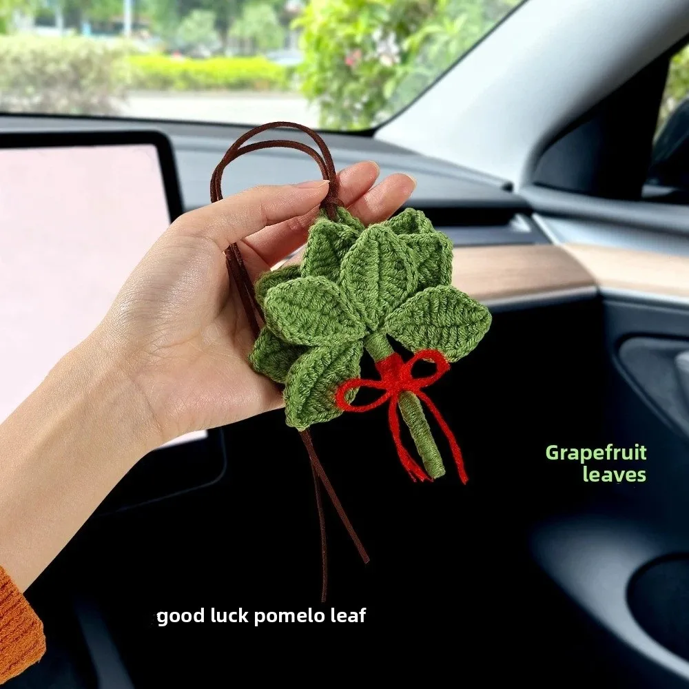 Подвеска из зеленых листьев помело для автомобиля, украшение на зеркало заднего вида, брелок в виде листа грейпфрута, ручная работа, вязаная из шерсти