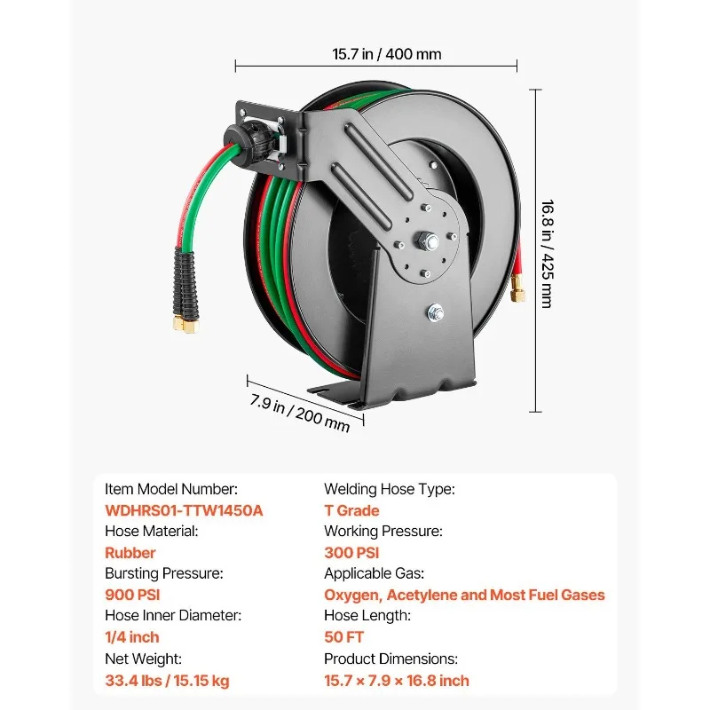 Выдвижная катушка для сварочного шланга, 1/4 дюйма x 50 футов, шланг из кислородно-ацетиленовой резины, класс T