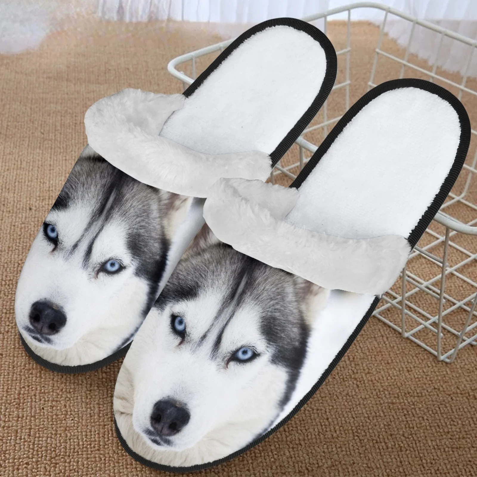 

Husky Dog Print Winter Fuzzy Slippers for Men Women Mules House Shoes Half Shoes Slippers Non-Slip Cotton Couple Warm Slides