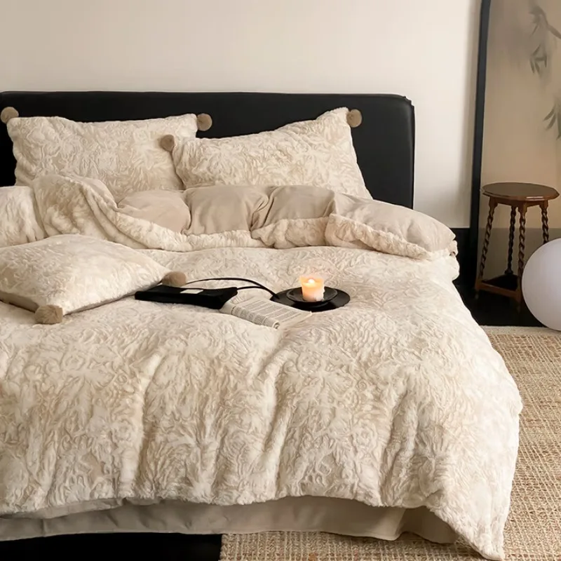 

Autumn and winter milk fleece four-piece set, rabbit plush bed sheet quilt cover, thickened warm bedding