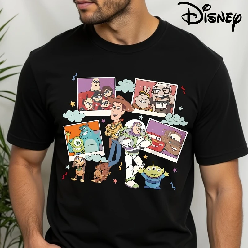 Camiseta oficial de Disney "Toy Story 2", Woody y Buzz Lightyear, camiseta de verano para hombres y mujeres, pantalón corto deportivo informal con patrón negro de manga
