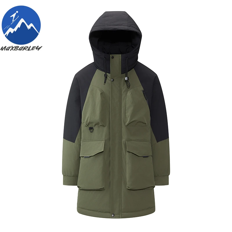 Maxbarley Premium Mens Down Jacket Fashion Hooded Long Splicing Ski Lightweight Down Coat Travel Anti-Cold Autumn Winter Parka