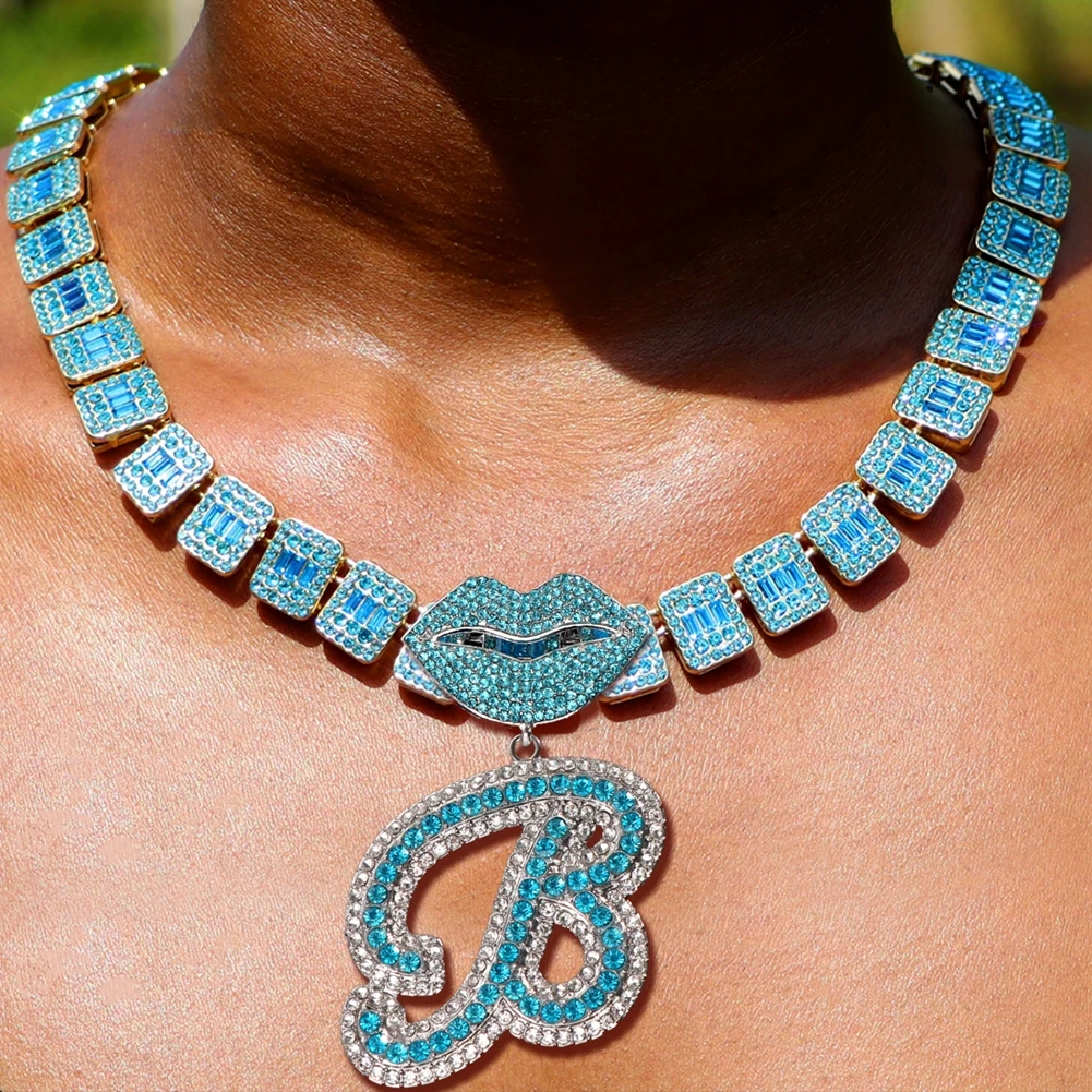 Iced Out Blue Cursive Initial Crystal Letter Necklace For Women High Quality Square Cuban Chain Baguette Rapper Necklace Jewelry