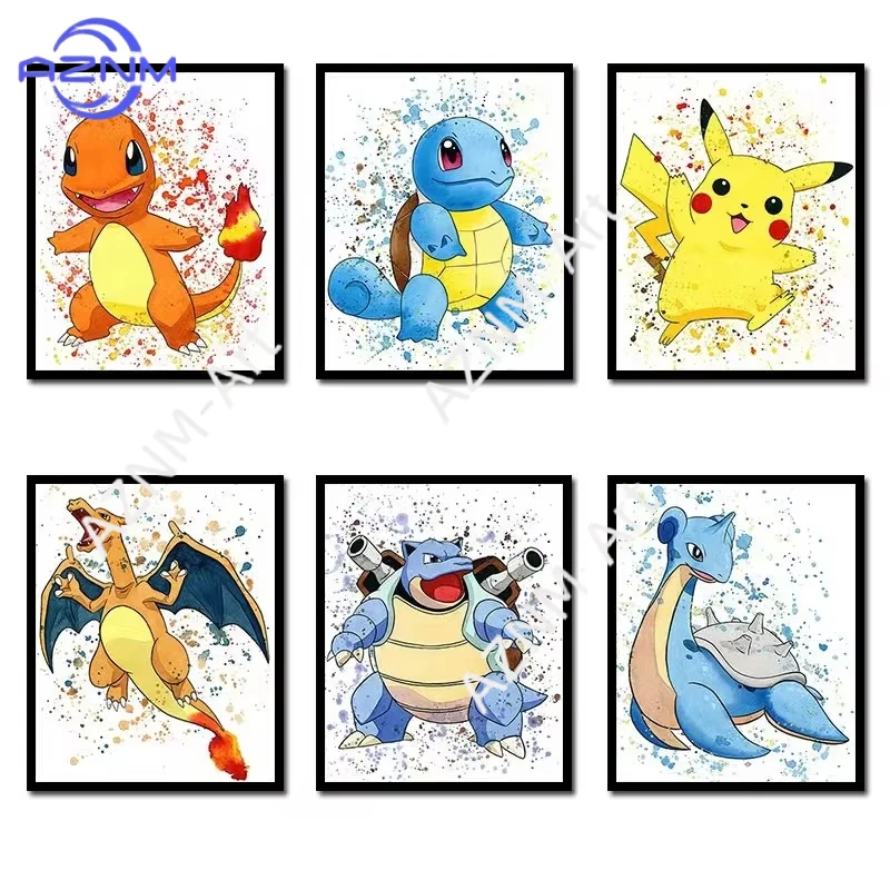Pintura en lienzo de Anime Pokemon, póster de Bulbasaur Charmander Squirtle e impresión en acuarela, imagen artística para pared, decoración del hogar, regalos para niños