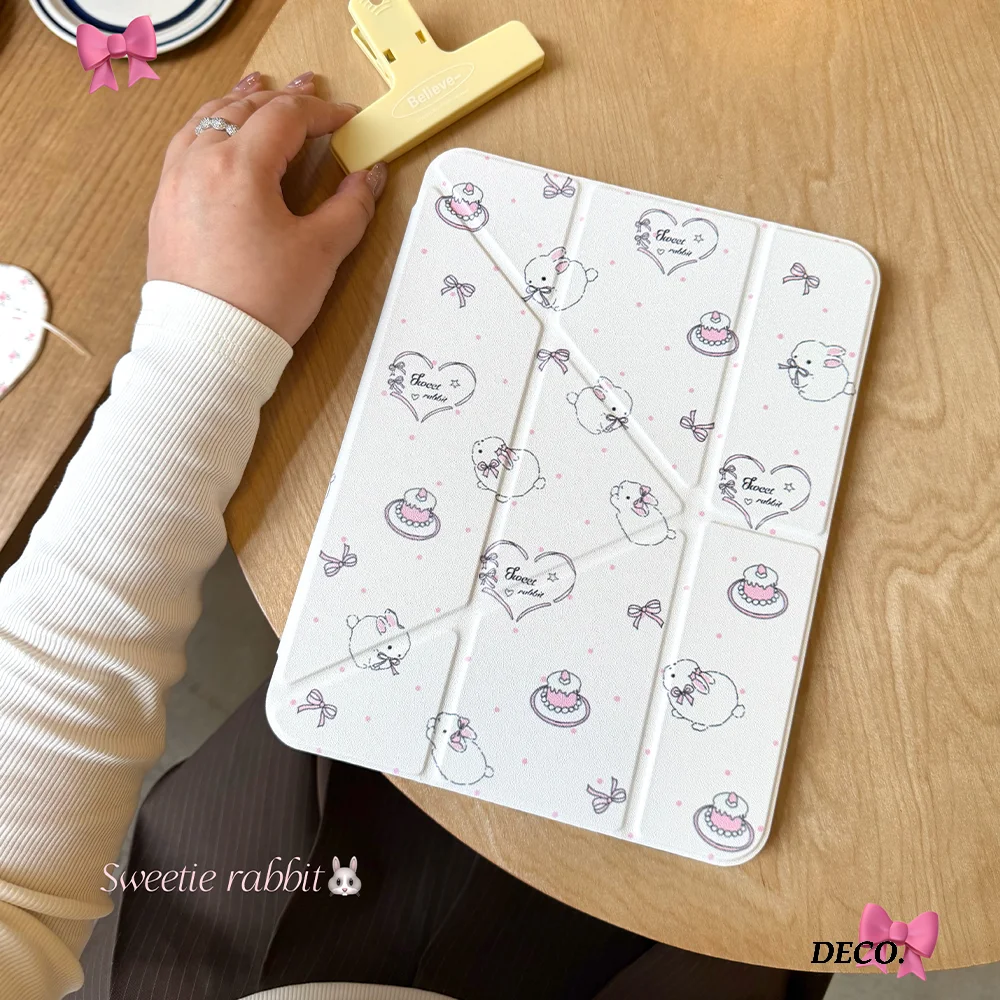 Round Rabbit Heart Wave Point 3+Y-fold Tablet Case For Samsung Galaxy Tab A8/A9/A11+FE LITE PLUS/Tab S6 Lite/S7/S8/S9/S10+ FE