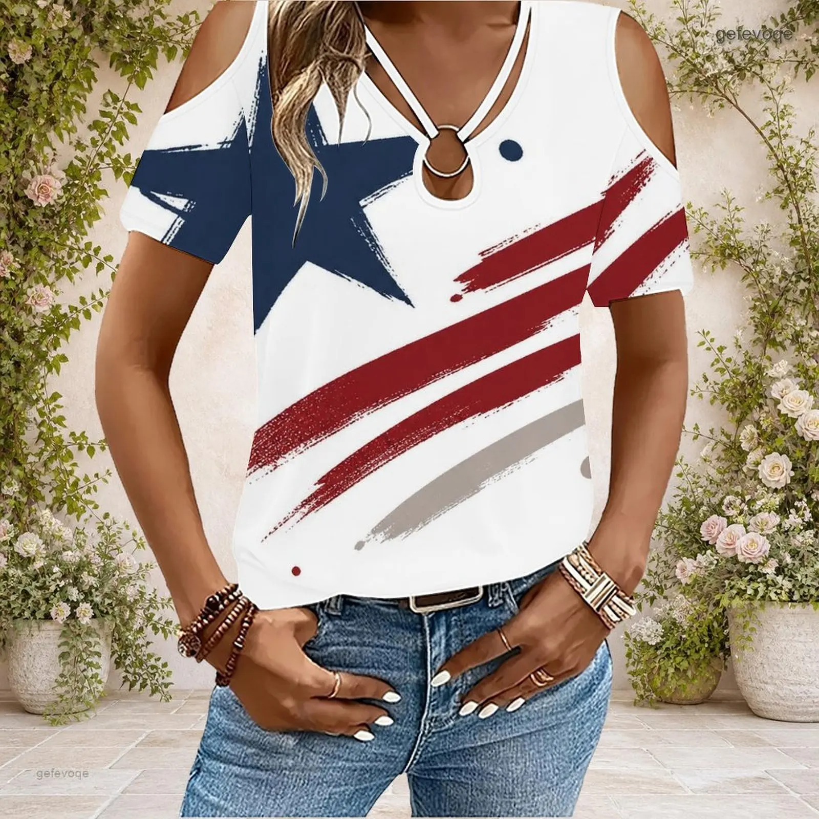 Women Cold Shoulder Short Sleeve T Shirt V Neck O Ring Keyhole Cutout Loose Casual Top Custom Print Ladies Daily Blouse