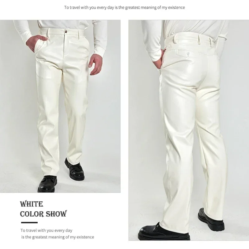 Spring& Autumn Casual Versatile White Mens Leather Pants , High Waisted Straight Tube Windproof Motorcycle Pantalon Cuero Hombre