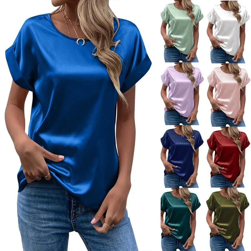 2024 Spring Summer New Women\'s Short sleeved Satin Shirt Loose and Casual Round Neck Colored Ding T-shirt for Women