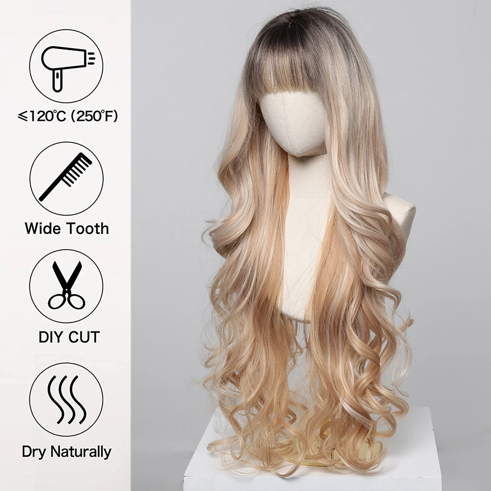 Long Ombre Blond Brown Curly Wigs With Bangs Erotogenic Synthetic Wigs Women Natural Middle Part Wigs for Party Daily Use