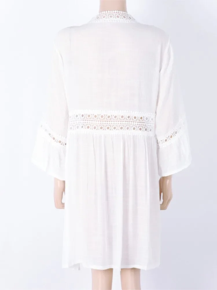 Summer Cover Ups Women Swimsuit Wrist Sleeve Robes Bathing Suit 2025 New White Beach Holiday Mini Dresses Cover-Up