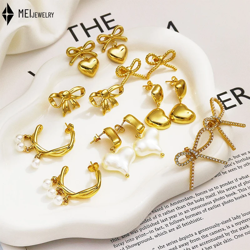 

INS Style High Quality Versatile C-shaped Earrings Stainless Steel Jewelry Love Bow Pearl Earrings