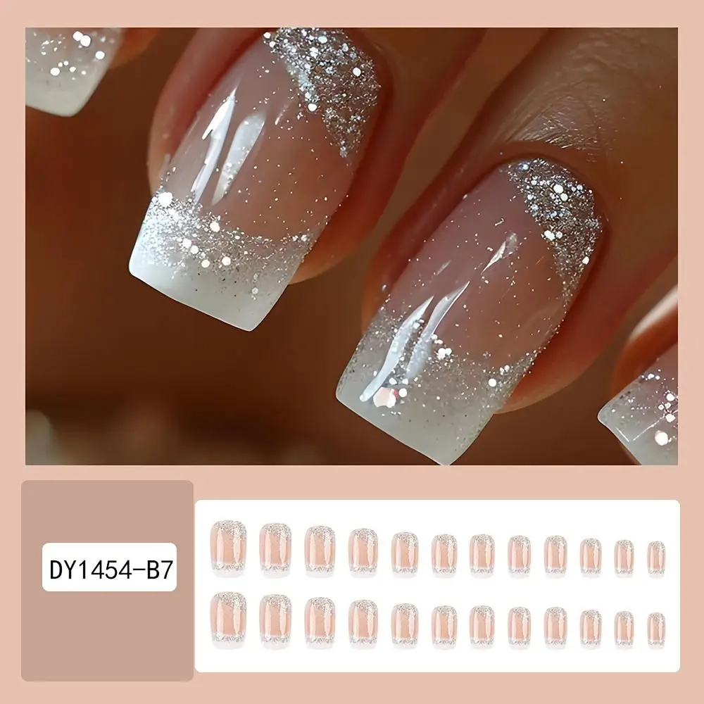 24 STKS/DOOS Lijn Rhinrhinos Valse Nagel Gradiënt Glitter met Jelly Stickers Druk op Nagels Goud Aluminiumfolie Volledige Cover Fake Nail