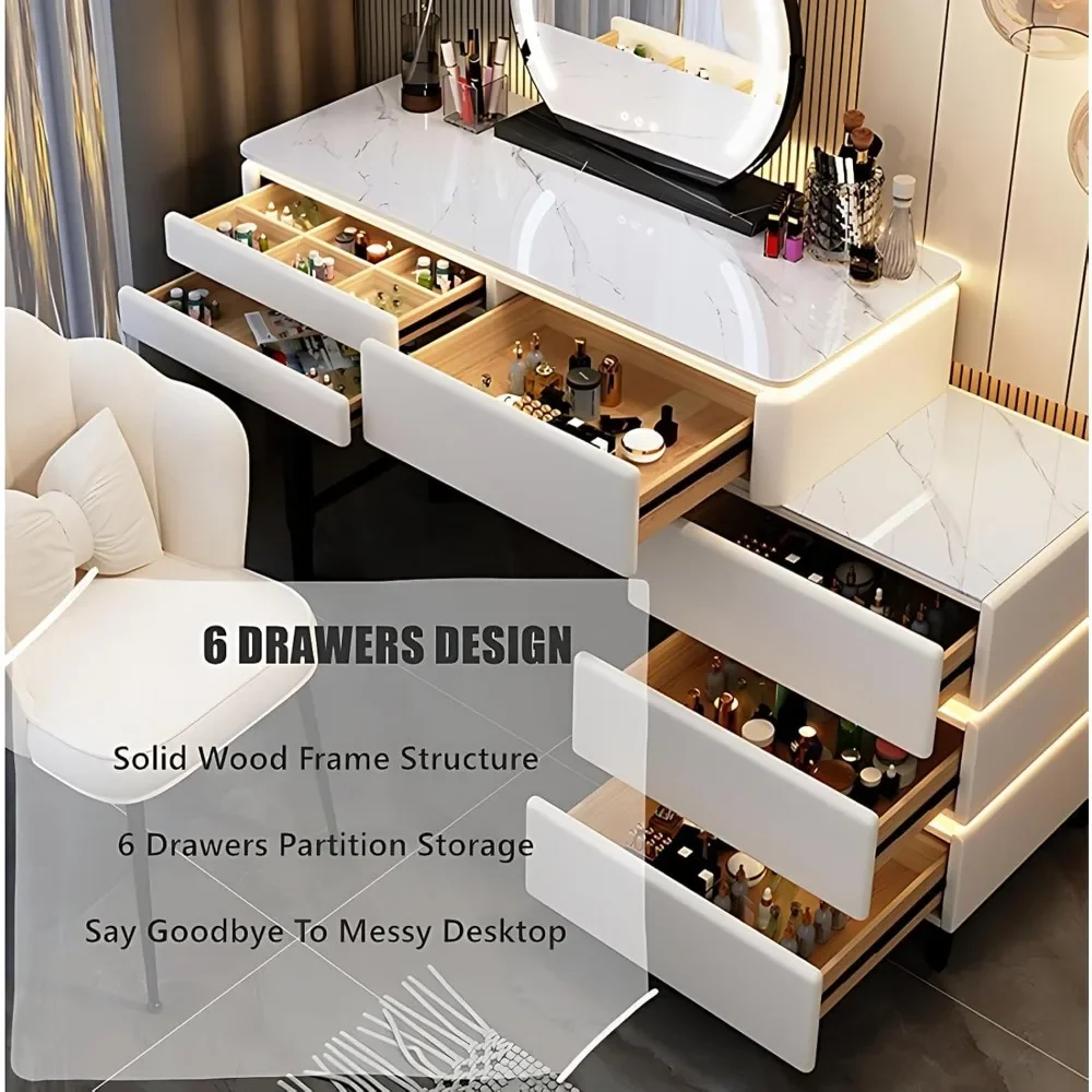 Vanity Table with Drawers and LED Lights Includes Chair and Smart Makeup Mirror, Solid Wood Vanity