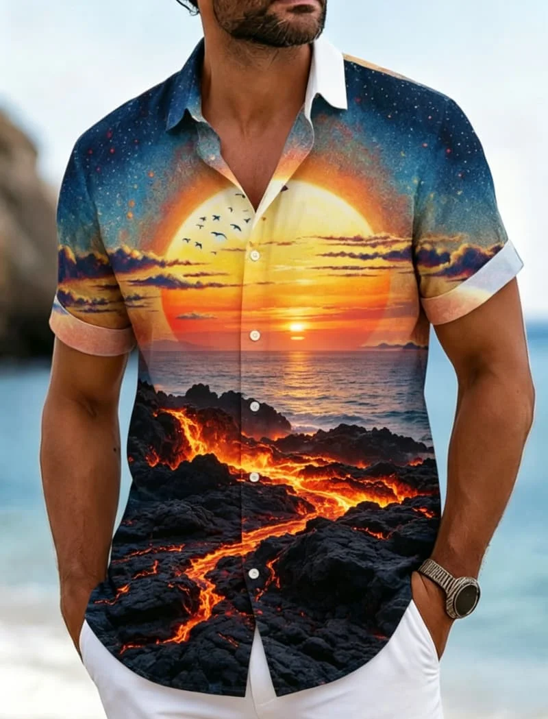 Men's starry sky and sunset print shirt, a dreamy artistic style, for summer , beach trips, daily commutes, and casual wear