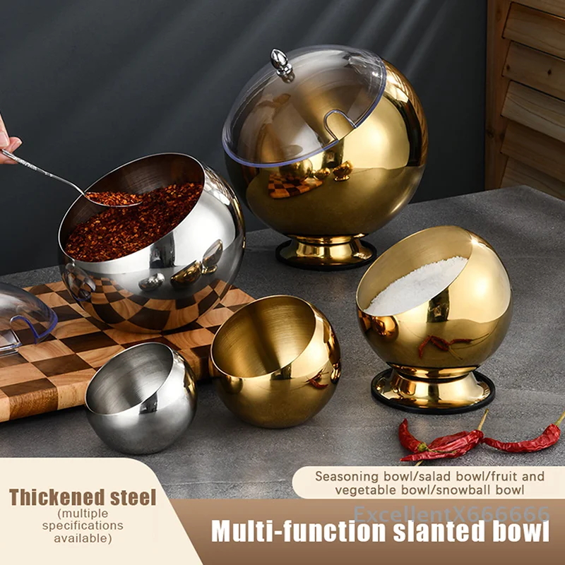 

Stainless Steel Oblique Mouthed Sauce Bowl With Lid Hot Pot Buffet Seasoning Basket Bowl Jar Dish Container Salad Spherical Bowl