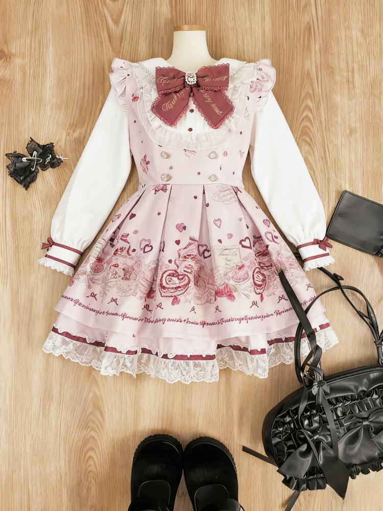 Y2k اليابانية Kawaii قطعتين مجموعات طويلة الأكمام بلوزات + تنورة قصيرة الحلو المرأة عادية لطيف طباعة القوس المرقعة 2025 جديد وصول #5