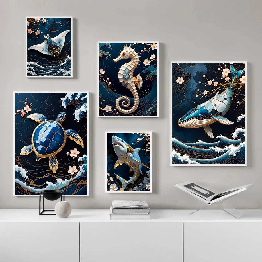 1pc frameless Canvas Painting Marine Animals Beautiful Abstract Posters Octopus Seahorse Blue Whale Prints Canvas Painting Wall