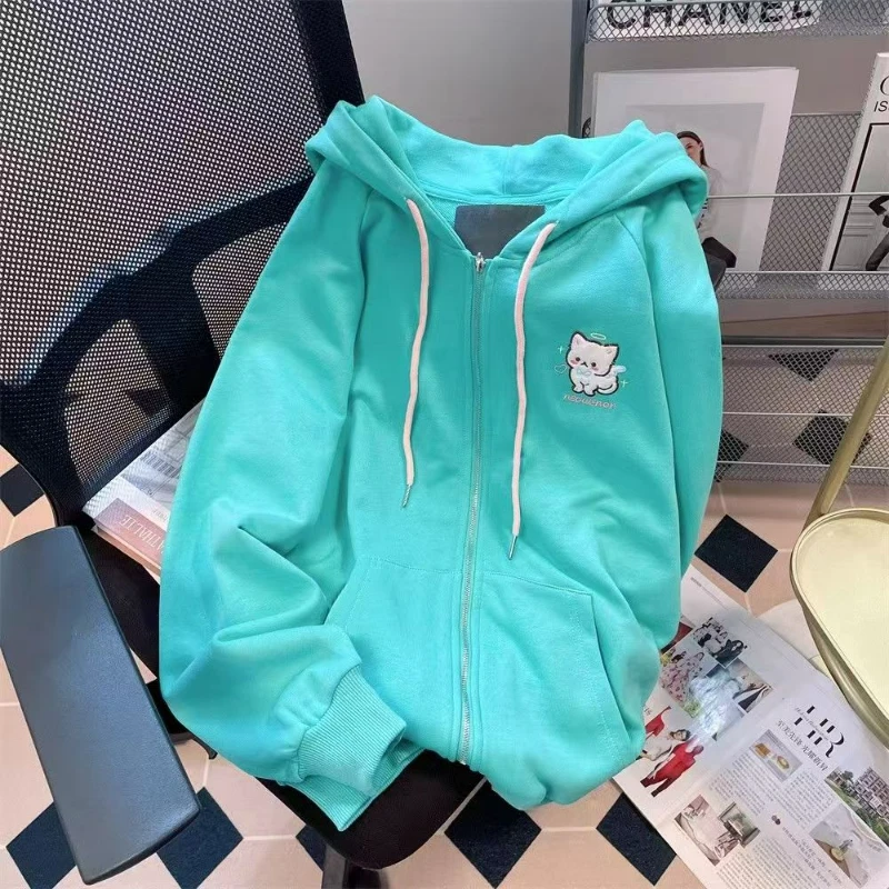 Korean Style Gray Solid Harajuku Hoodies Women Casual Loose Y2k Cuteore Girls Cartoon Embroidery Zipper Hoodes Sweatshirt 2024